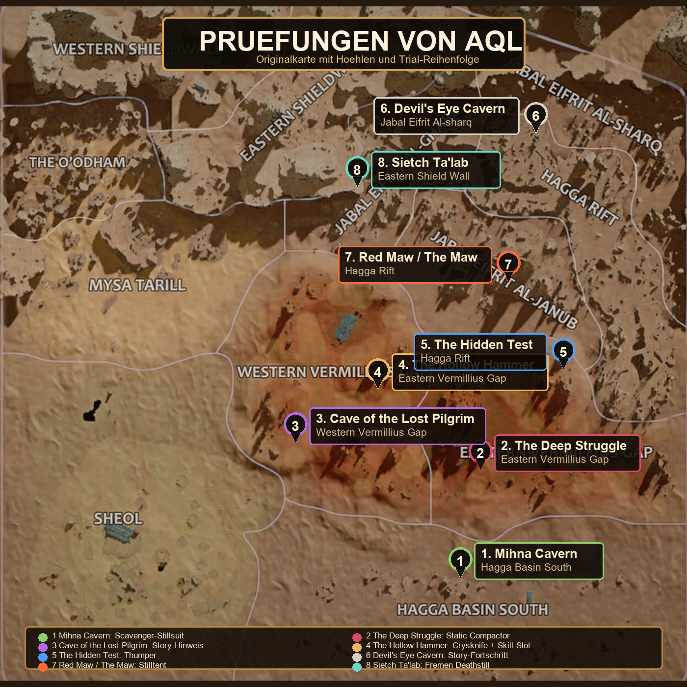 Übersichtskarte der acht Prüfungen von Aql